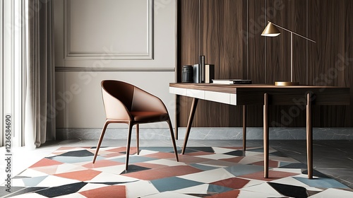 Modern Home Office Desk With Leather Chair And Geometric Rug