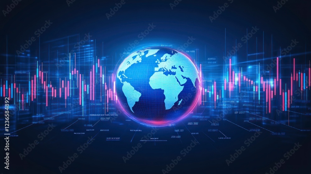 A digital globe with global stock market data and growth charts in the background, representing international global business, marketing, web design A digital globe with global stock market data and growth charts in the background, representing international global business, marketing, web design