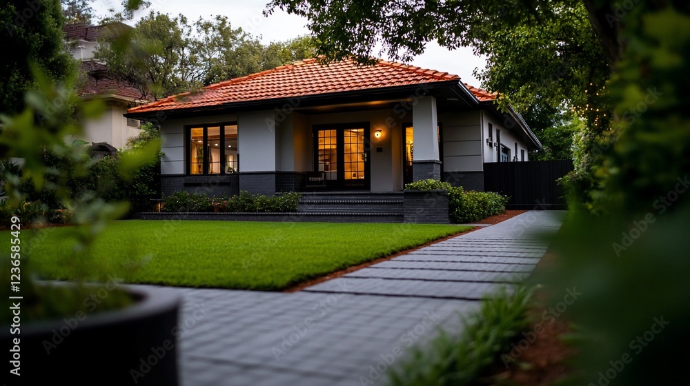 Elegant residence with terracotta roof and well-manicured lawn at twilight Elegant residence with terracotta roof and well-manicured lawn at twilight