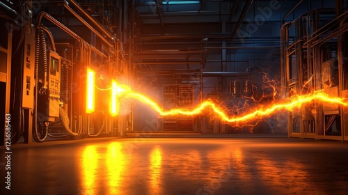 A simulation of an arc flash event, showing high-voltage electrical arcs leaping between conductors in an industrial setting.