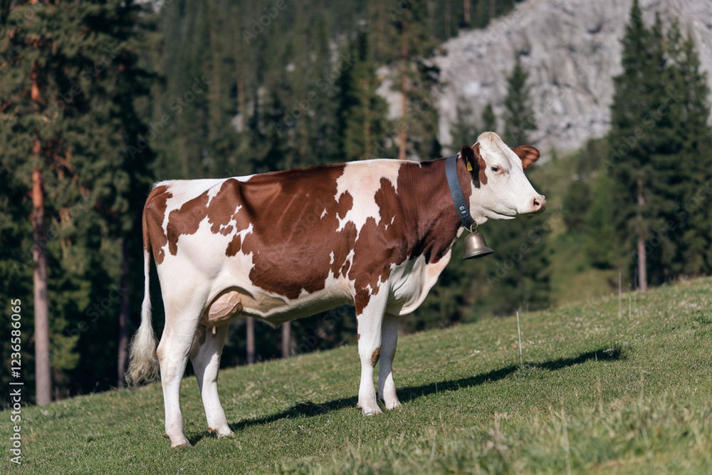 Brown and White Cow with Bell Standing on Lush Green Meadow Brown and White Cow with Bell Standing on Lush Green Meadow