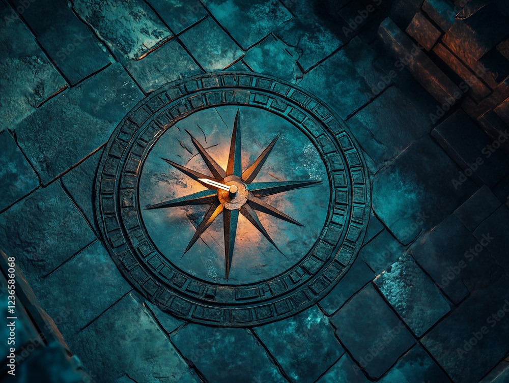 Fototapeta premium Ancient Compass Rose on Weathered Stone Floor