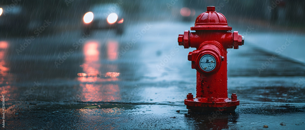 A bright red fire hydrant beside a wet urban road during rainfall, symbolizing emergency infrastructure amidst a natural environment - A bright red fire hydrant beside a wet urban road during rainfall, symbolizing emergency infrastructure amidst a natural environment -