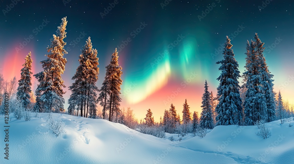 Snow Covered Winter Forest Aurora Borealis Display
