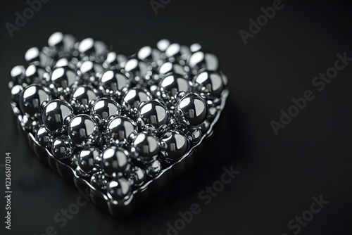 Minimalist silver heart made of metallic spheres on a black background. High-resolution cinematographic style photo