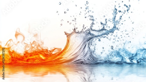 Dynamic water splash combined with fiery effect on a clean white background showcasing contrasting elements of nature