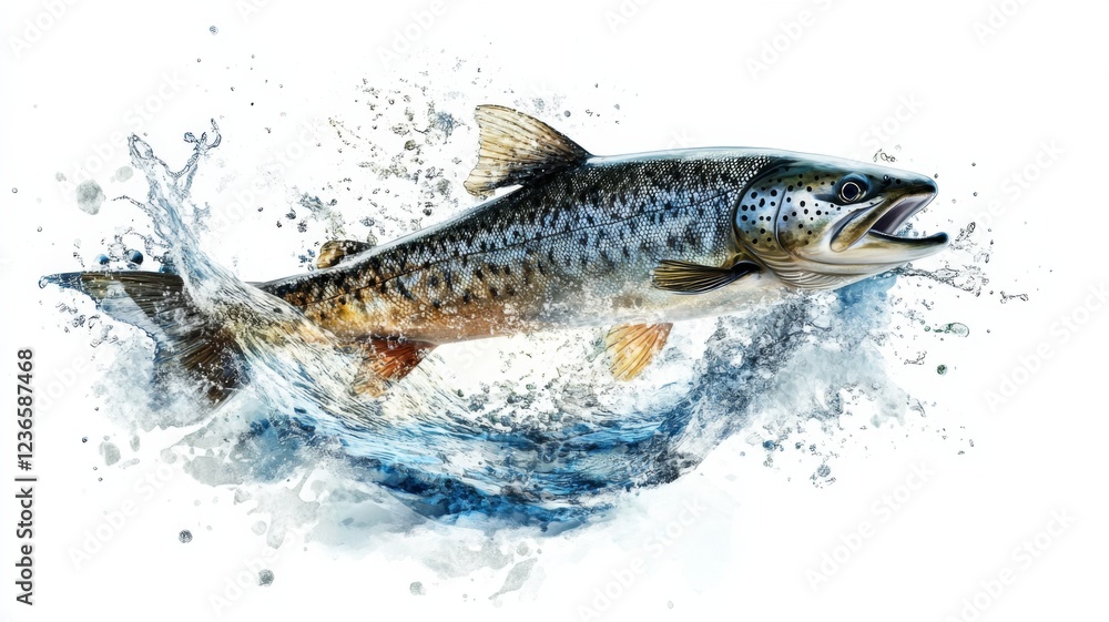 Obraz premium Vibrant fish leaps through water splash in watercolor style, capturing the essence of nature's beauty and fluid motion against a white background