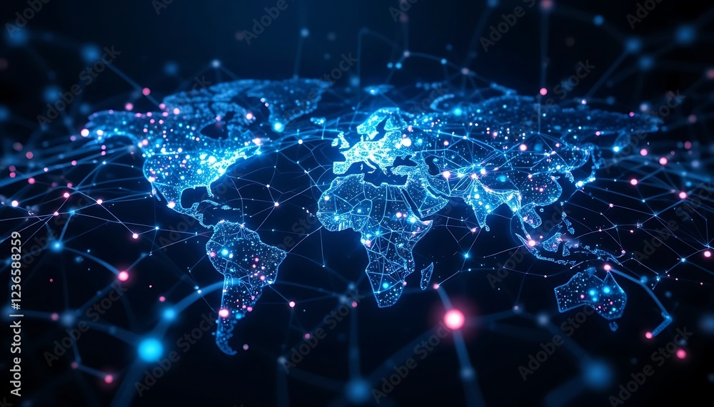 Global Network: A Luminous Blue World Map in Abstract Style Global Network: A Luminous Blue World Map in Abstract Style