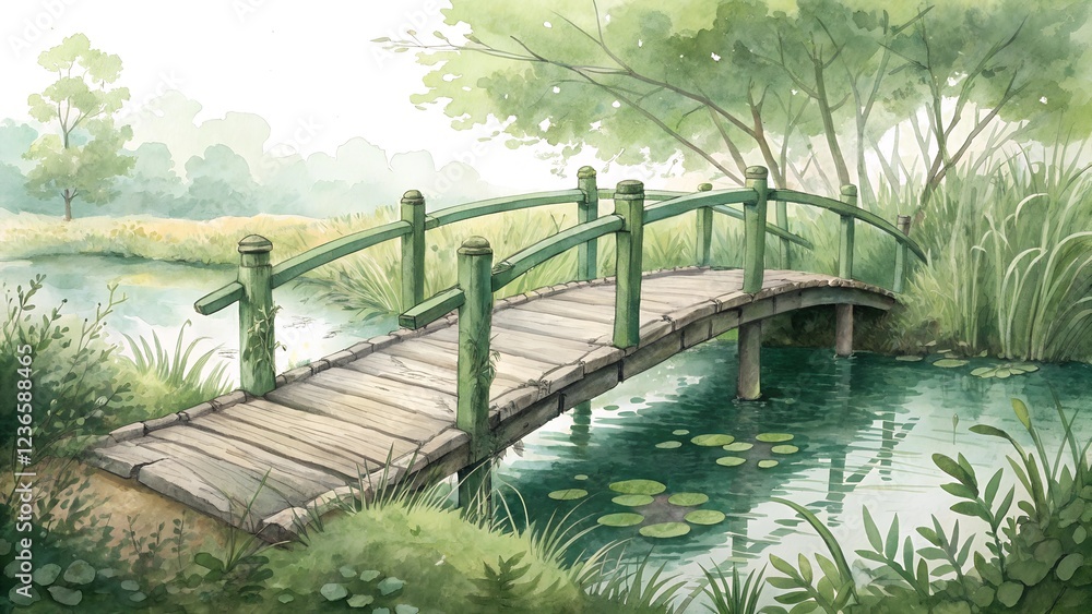 Fototapeta premium green old bamboo bridge over wetlands pond illustration water color style with white background jpg