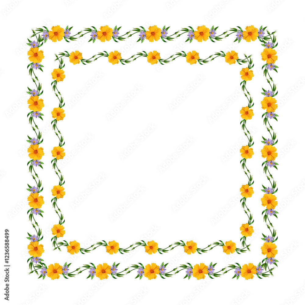 Floral square frame of bright yellow and lilac flowers, green leaves. Frame isolated on white background with copy space. Floral square frame of bright yellow and lilac flowers, green leaves. Frame isolated on white background with copy space.