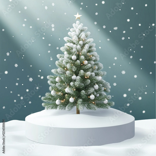 Christmas tree with white snowdrift,snowflakes,snow land,podium with bauble,Christmas theme stage podium mock up for product placement,Happy New Year. Celebrate party,Xmas Poster,web banner,festive
