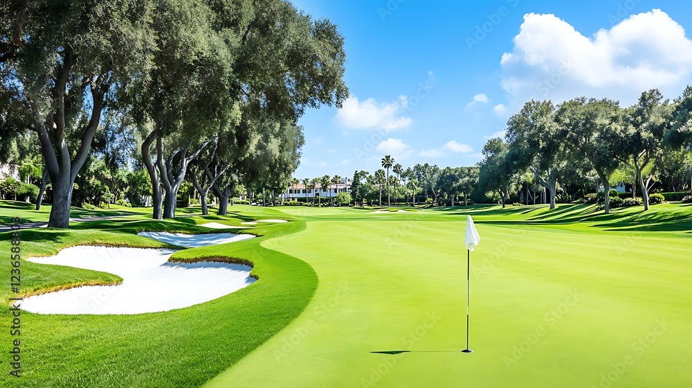 Obraz premium Scenic Golf Course Landscape Lush Green Fairway Sand Traps and Mature Trees under a Sunny Sky