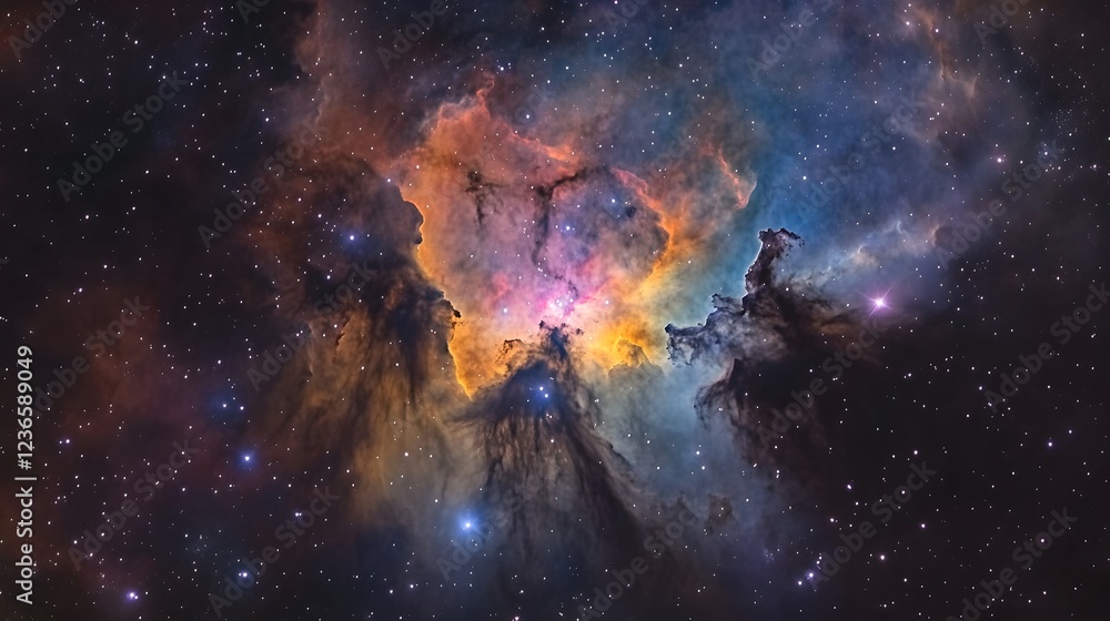 Fototapeta premium Captivating image showcasing a mesmerizing cosmic explosion within a vibrant iridescent galactic nebula The scene is filled with swirling gas dust and plasma