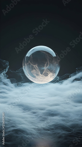 A glowing, aerodynamic sphere suspended effortlessly amidst a wispy mist, symbolizing innovation and mystery  -  