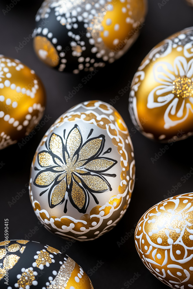 Decorated Easter eggs featuring intricate mandala designs in metallic hues arranged artistically. The background enhances the visual appeal, focusing on the elegance of each egg Decorated Easter eggs featuring intricate mandala designs in metallic hues arranged artistically. The background enhances the visual appeal, focusing on the elegance of each egg