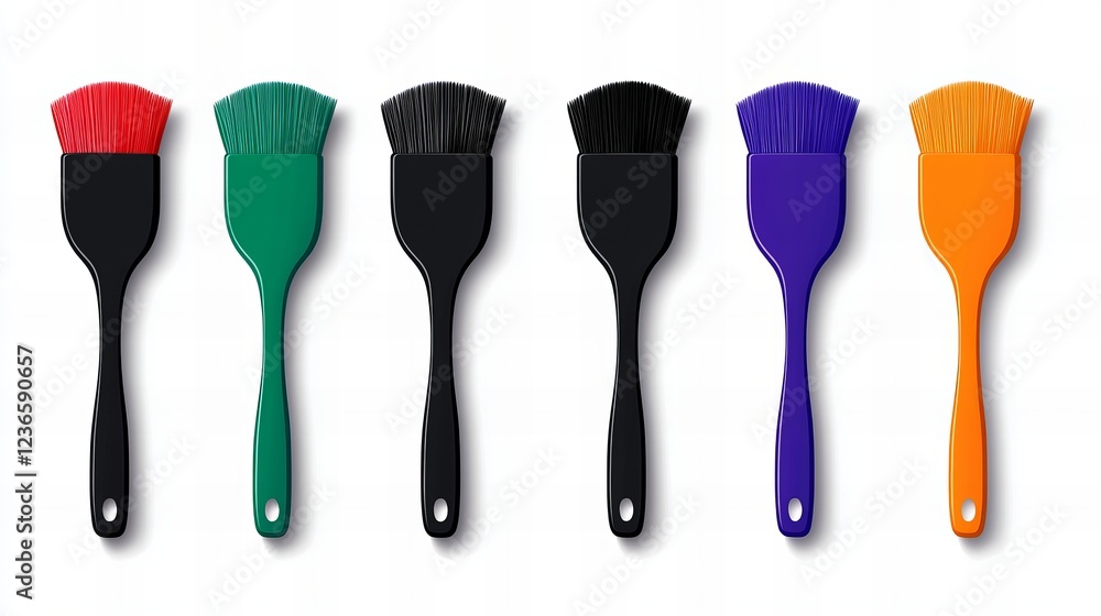Six colorful brushes in a row, a vibrant collection of painting tools. Six colorful brushes in a row, a vibrant collection of painting tools.