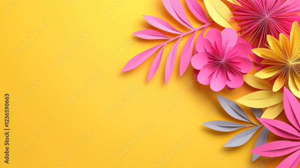 Obraz premium Layered paper-cut floral design with bright pink and yellow tones, creative and modern