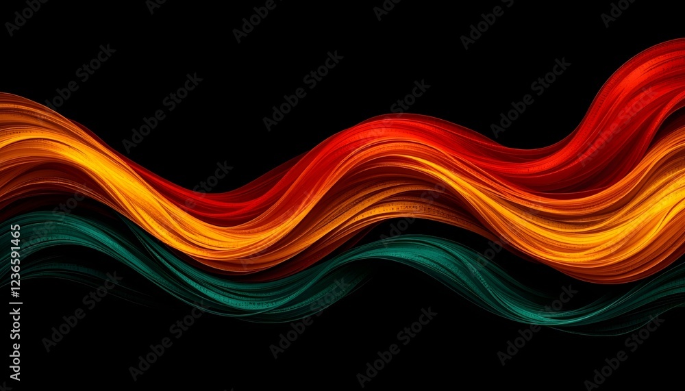 Obraz premium Dynamic wavy background with layered textures in Black History Month colors, black, red, yellow, and green, symbolizing progress and empowerment