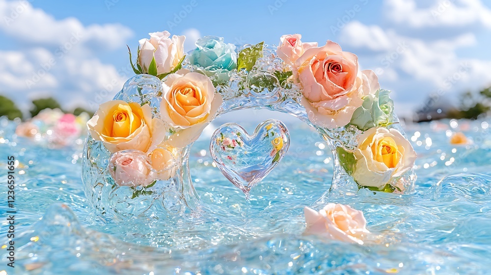 Fototapeta premium Romantic Rose Heart Floral Arrangement in Water Summer Love