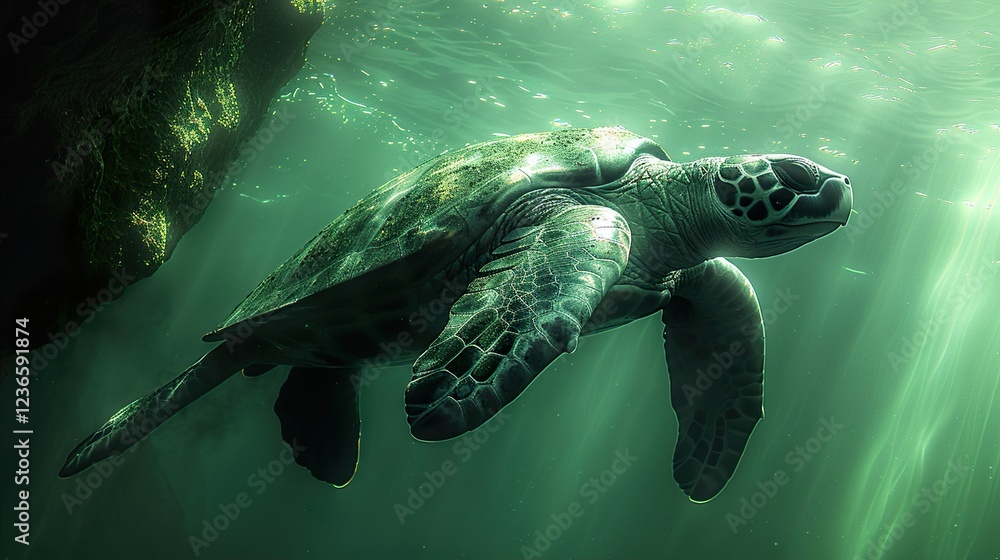 Fototapeta premium A mythical creature swimming in a glowing underwater cave. HD 8K wallpaper Photographic Image