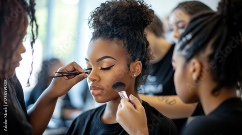 A group of cosmetology students working on makeup applications, under the guidance of their instructor in a beauty school.