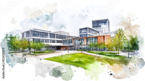 Modern university campus depicted in watercolor with green spaces and transparency background, showcasing a blend of natural and architectural beauty