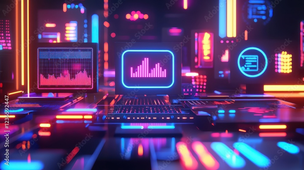 Futuristic Digital Workspace with Neon Lights and Data Visualizations in a High-Tech Environment Futuristic Digital Workspace with Neon Lights and Data Visualizations in a High-Tech Environment