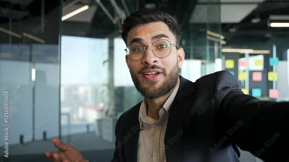 POV Happy businessman in formal suit talking on video call using phone in the office. Handsome smiling entrepreneur communicates remotely looking at camera. Online chat with client or business partner POV Happy businessman in formal suit talking on video call using phone in the office. Handsome smiling entrepreneur communicates remotely looking at camera. Online chat with client or business partner