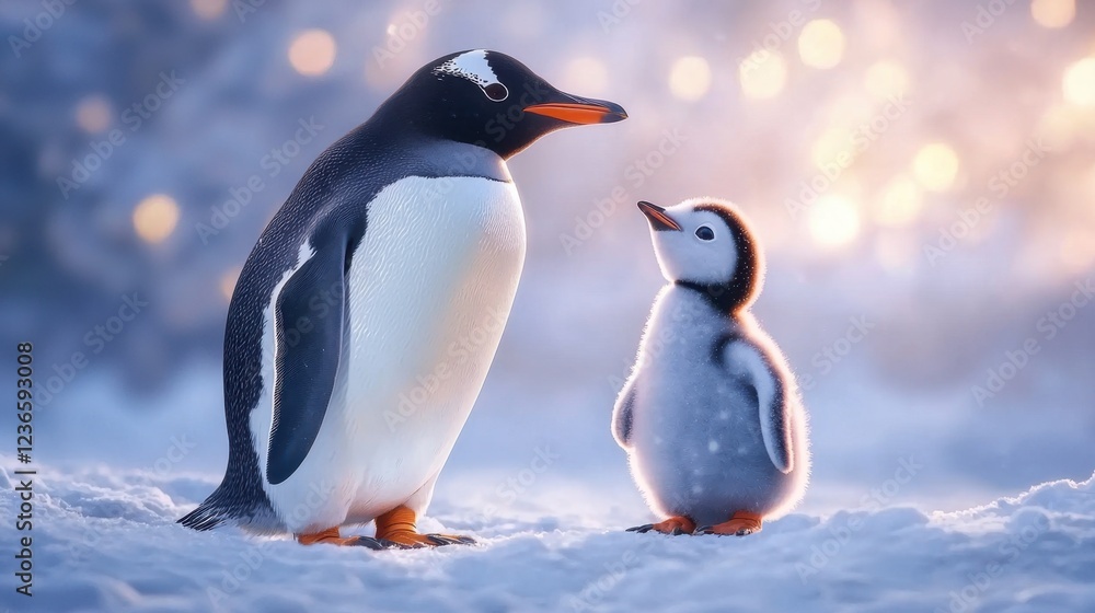 Fototapeta premium Penguin chick looking up at its parent, heartwarming and intimate, snowy setting with subtle lighting