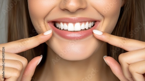 Smiling woman showcasing perfect teeth indoor setting portrait photography bright background focus on oral health