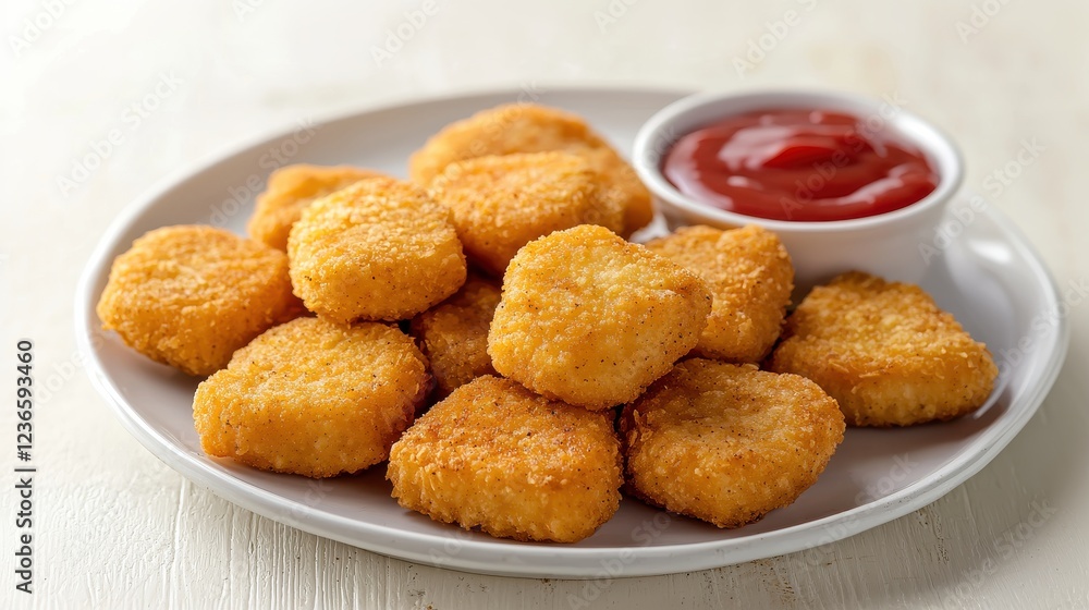 Crispy Golden Chicken Nuggets Served with Ketchup on a White Plate for Delicious Snacking Crispy Golden Chicken Nuggets Served with Ketchup on a White Plate for Delicious Snacking