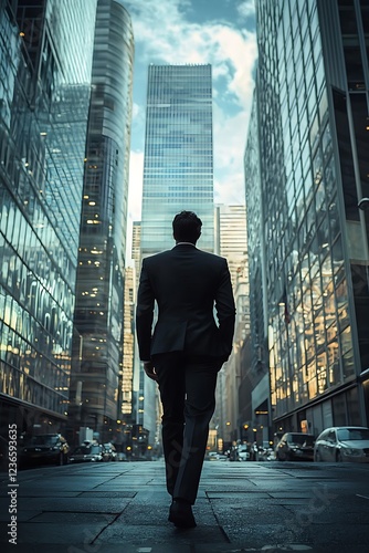 Businessman in a formal suit walking through a citya??s business district, symbolizing success and hard work. photo