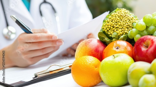 Health professional assessing nutritional choices with fresh fruits medical office food photography bright lighting close-up wellness concept