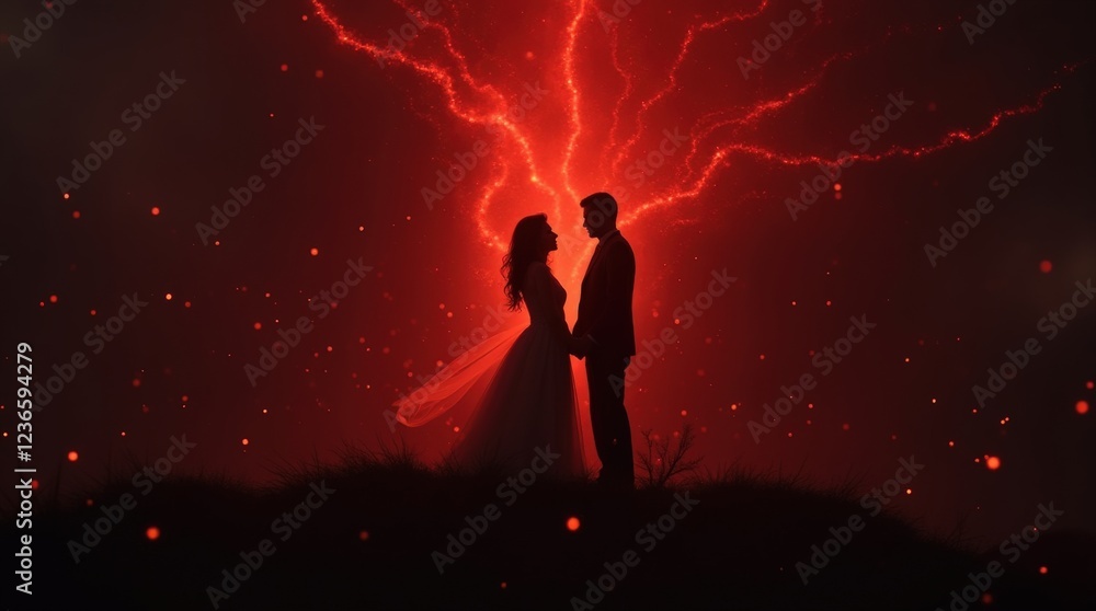 Naklejka premium Romantic Couple Silhouette Against a Dramatic Red Lightning Backdrop on Valentine's Day