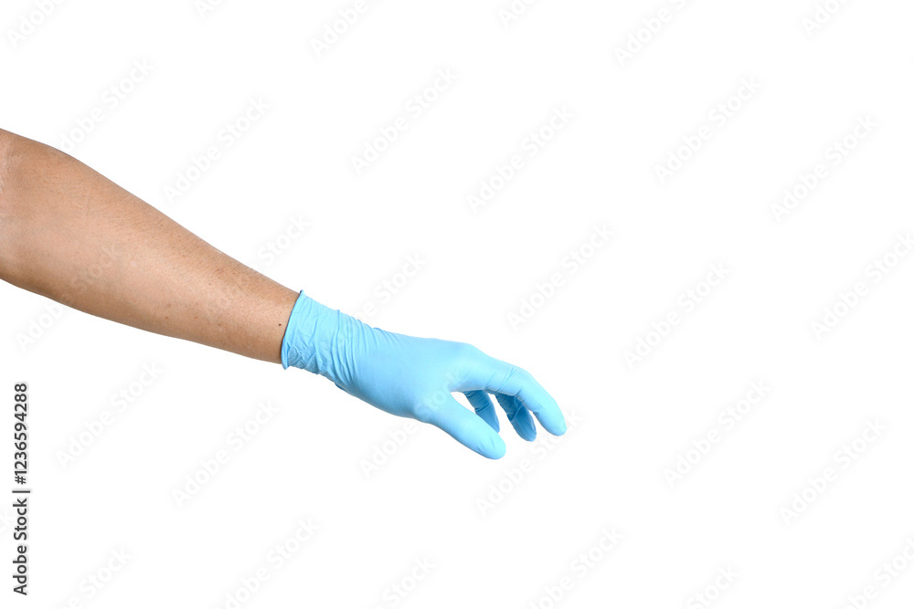 Left hand wearing blue gloves on a white background. Left hand wearing blue gloves on a white background.