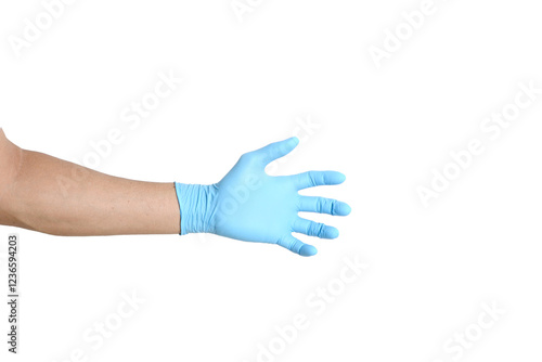 Left hand wearing blue gloves on a white background.