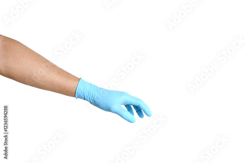 Left hand wearing blue gloves on a white background.