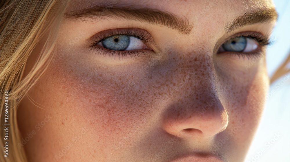 Close-up Portrait of a Freckled Girl with Blue Eyes Close-up Portrait of a Freckled Girl with Blue Eyes