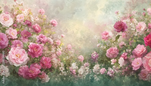 Watercolor Painting of Delicate Pink Roses and Flowers