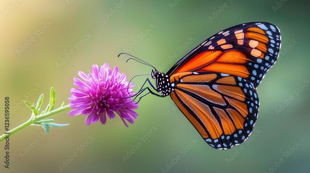 Fototapeta premium Vibrant monarch butterfly perched on a blooming purple flower, intricate wing patterns, soft green background