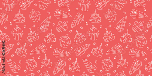 Seamless pattern. Pastry, sweet pastry. Hand drawn, doodle. Food, dessert. Confectionery, cafe icons. Set Cake with candle, cheesecake, cupcake. Birthday, repeating background.