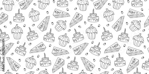 Pastry, sweet pastry. Seamless pattern. Hand drawn, doodle. Food, dessert. Confectionery, cafe icons. Set Cake with candle, cheesecake, cupcake. Birthday, repeating background.