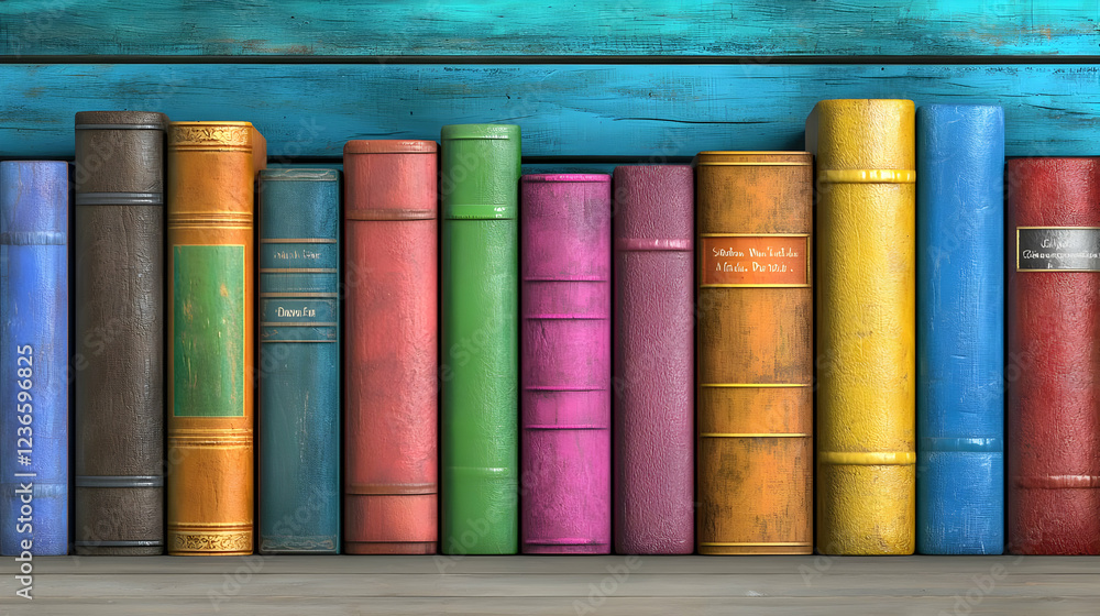 Colorful antique books on wooden shelf, blue wall background, education concept Colorful antique books on wooden shelf, blue wall background, education concept
