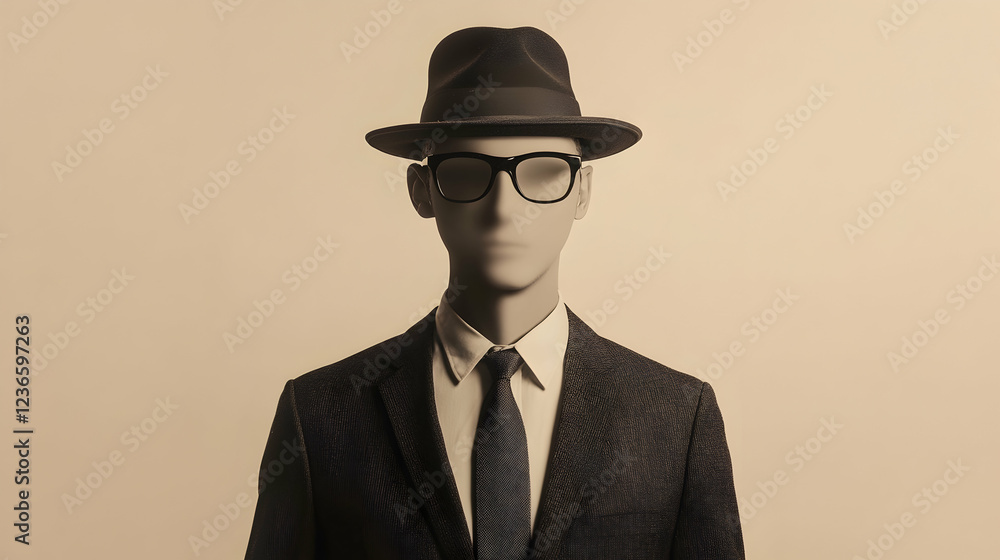 An invisible man dressed in a hat, glasses, and a suit, standing isolated on a neutral background, exuding mystery - An invisible man dressed in a hat, glasses, and a suit, standing isolated on a neutral background, exuding mystery -