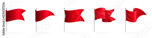 Collection of Waving Red Flags on Poles Vector Set