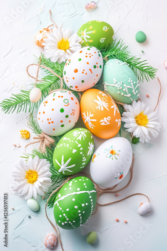 Vibrant Easter eggs resting on a soft background surrounded by delicate flowers and foliage evoke a cheerful spring celebration. The colorful designs invite a sense of joy and festivity