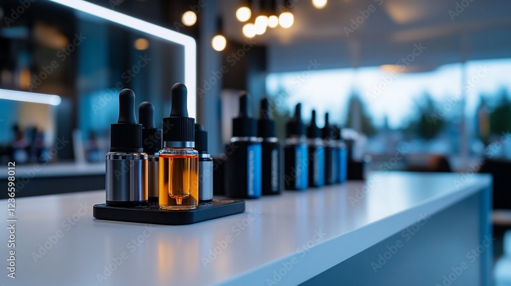 Elegant Display of E-Liquid Bottles with Droppers in a Modern Setting Elegant Display of E-Liquid Bottles with Droppers in a Modern Setting