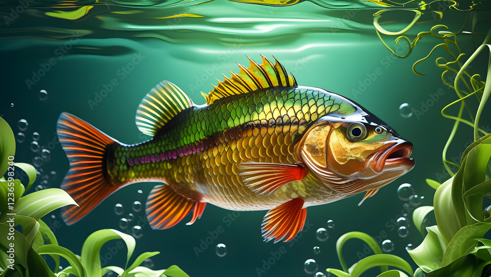Fototapeta premium A stunning freshwater perch, freshly caught and displayed as a fishing trophy, floating in clear water. The fish features a detailed and vibrant color palette, including yellow and green hues,