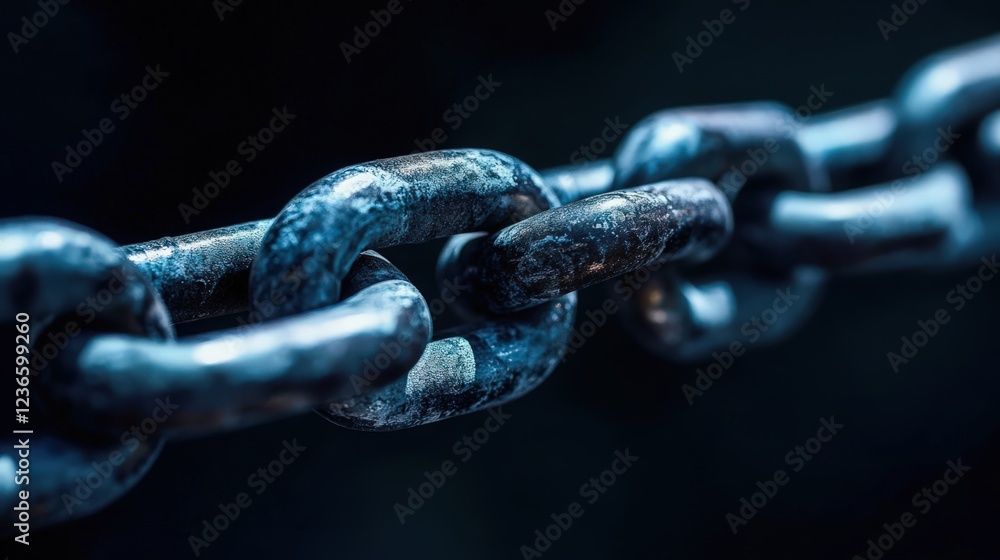 Close-up of weathered metal chain links against a dark background showing strength Close-up of weathered metal chain links against a dark background showing strength