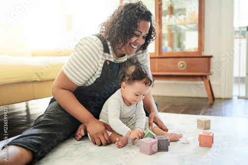 Vászonkép Babysitter, baby and play with blocks in home, learning and education in house